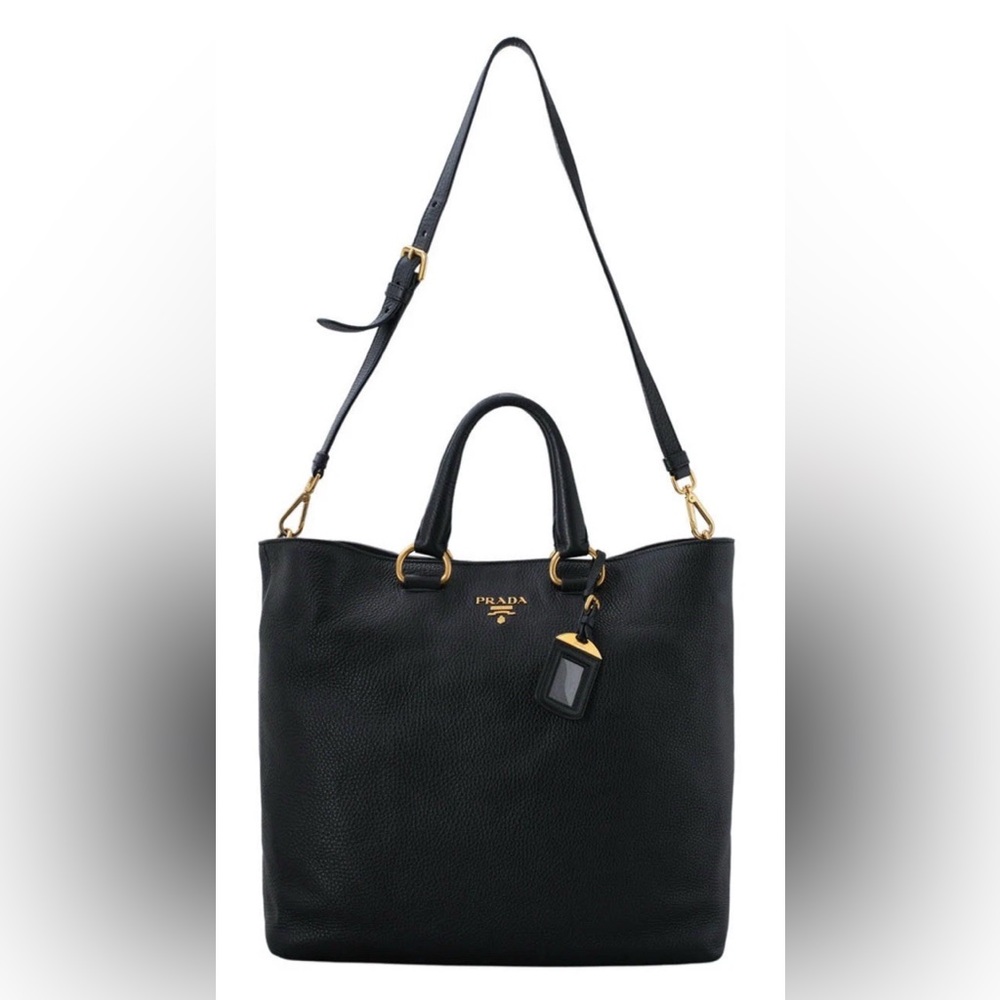 Black PRADA Large Leather Convertible Shopping Tote Vitello Daino BN1713 Strap - Picture 1 of 9